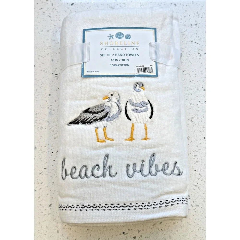 Shoreline Seagulls Beach Vibes Hand Towels Embroidered Bathroom Summer Set of 2